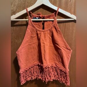Fringe Hem Halter Crop Top - Rust